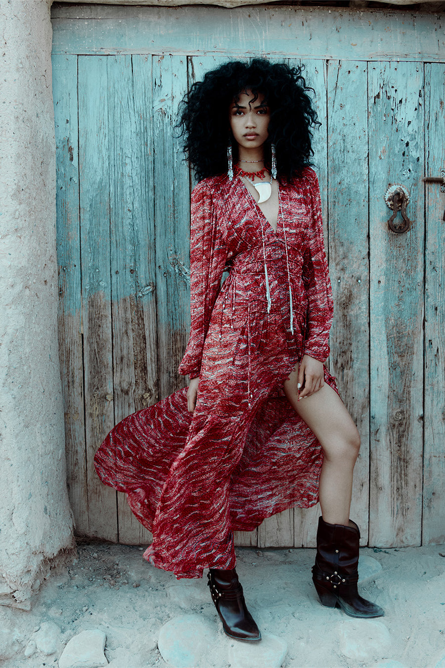 Langes kleid amara aus gerafftem musselin - Rot - Woman - 2