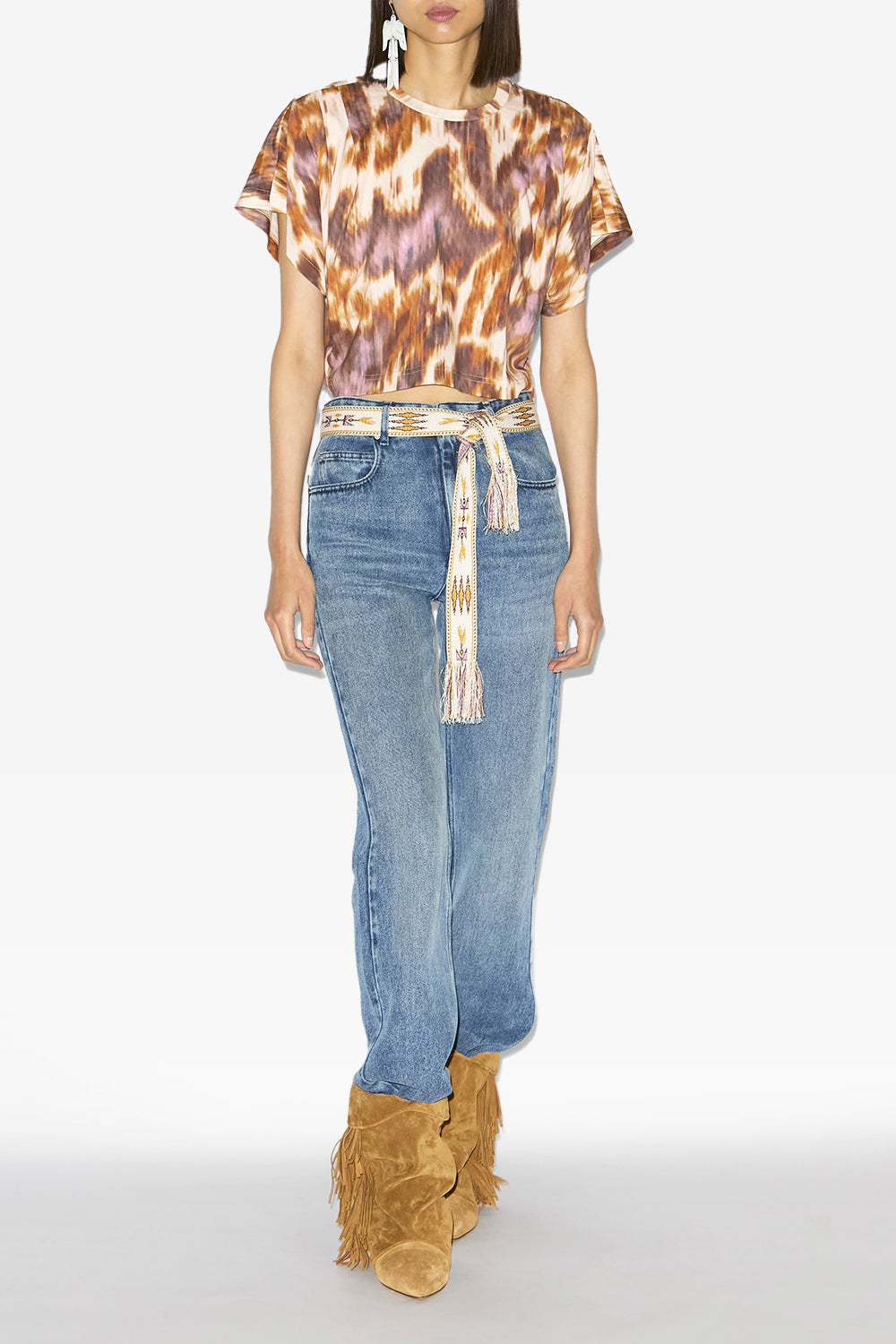 T-shirt corta zilia in cotone con stampa ad acquarello - Ecru-ochre - Woman - 2