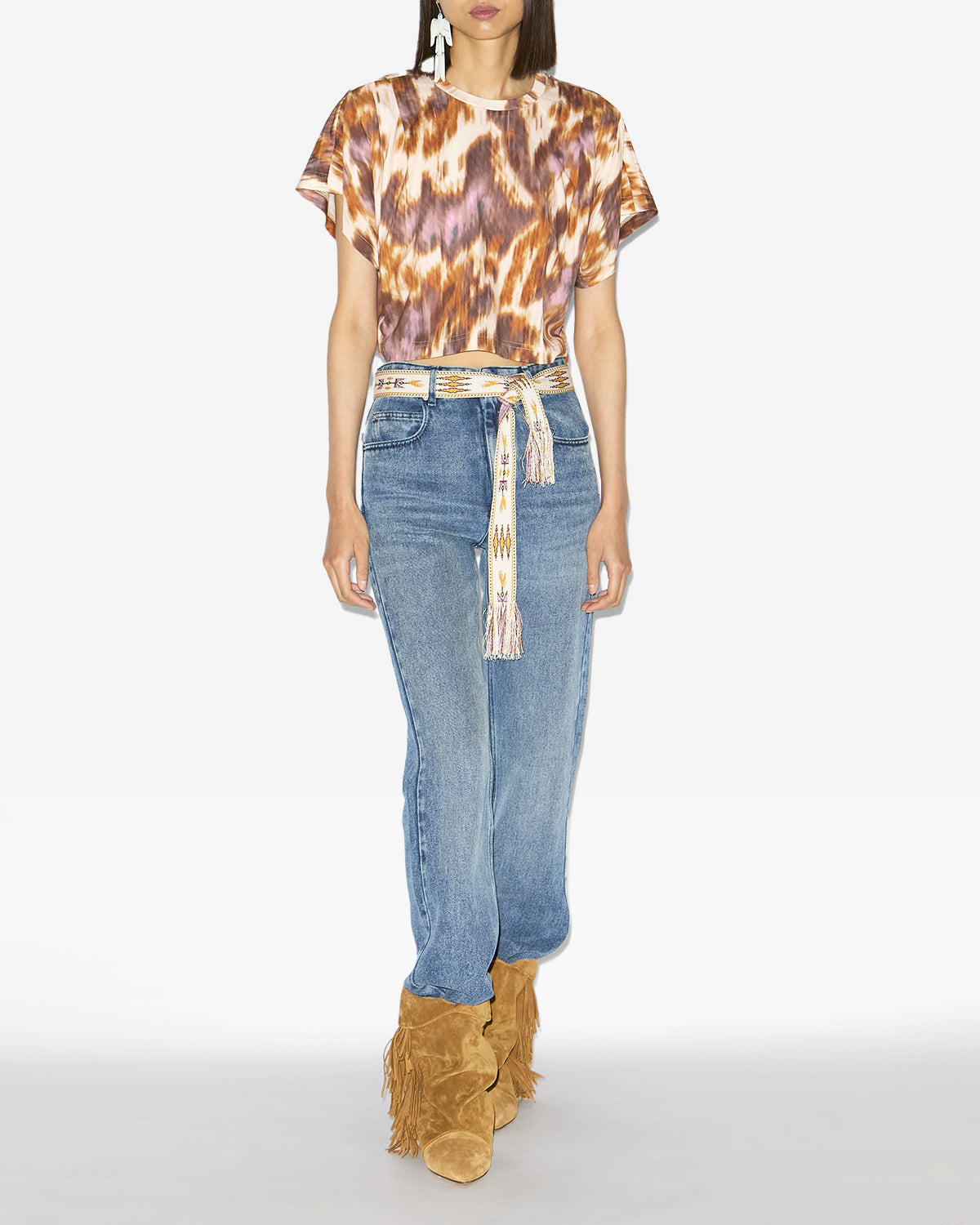 Zilia short cotton watercolor print t-shirt - Ecru-ochre - Woman - 1