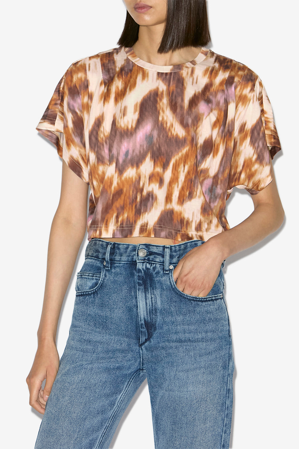 T-shirt corta zilia in cotone con stampa ad acquarello - Ecru-ochre - Woman - 4