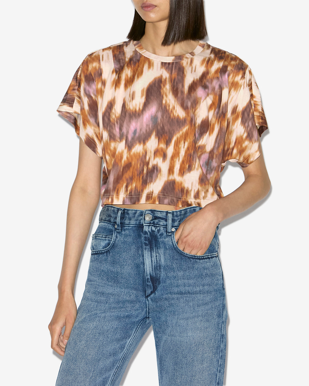 Zilia short cotton watercolor print t-shirt - Ecru-ochre - Woman - 3