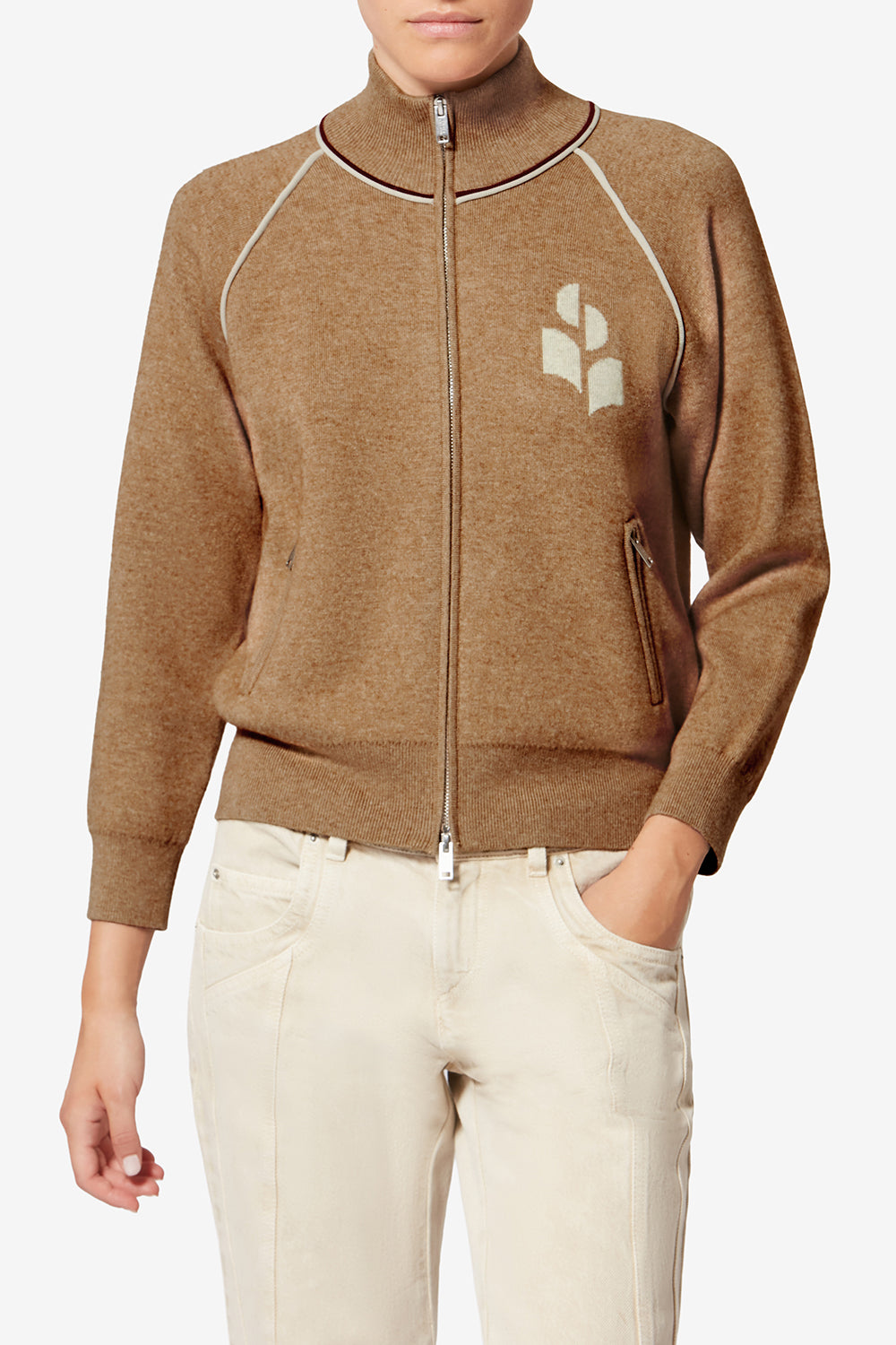 Lanya sporty cardigan with logo - Camel-light grey - Woman - 4