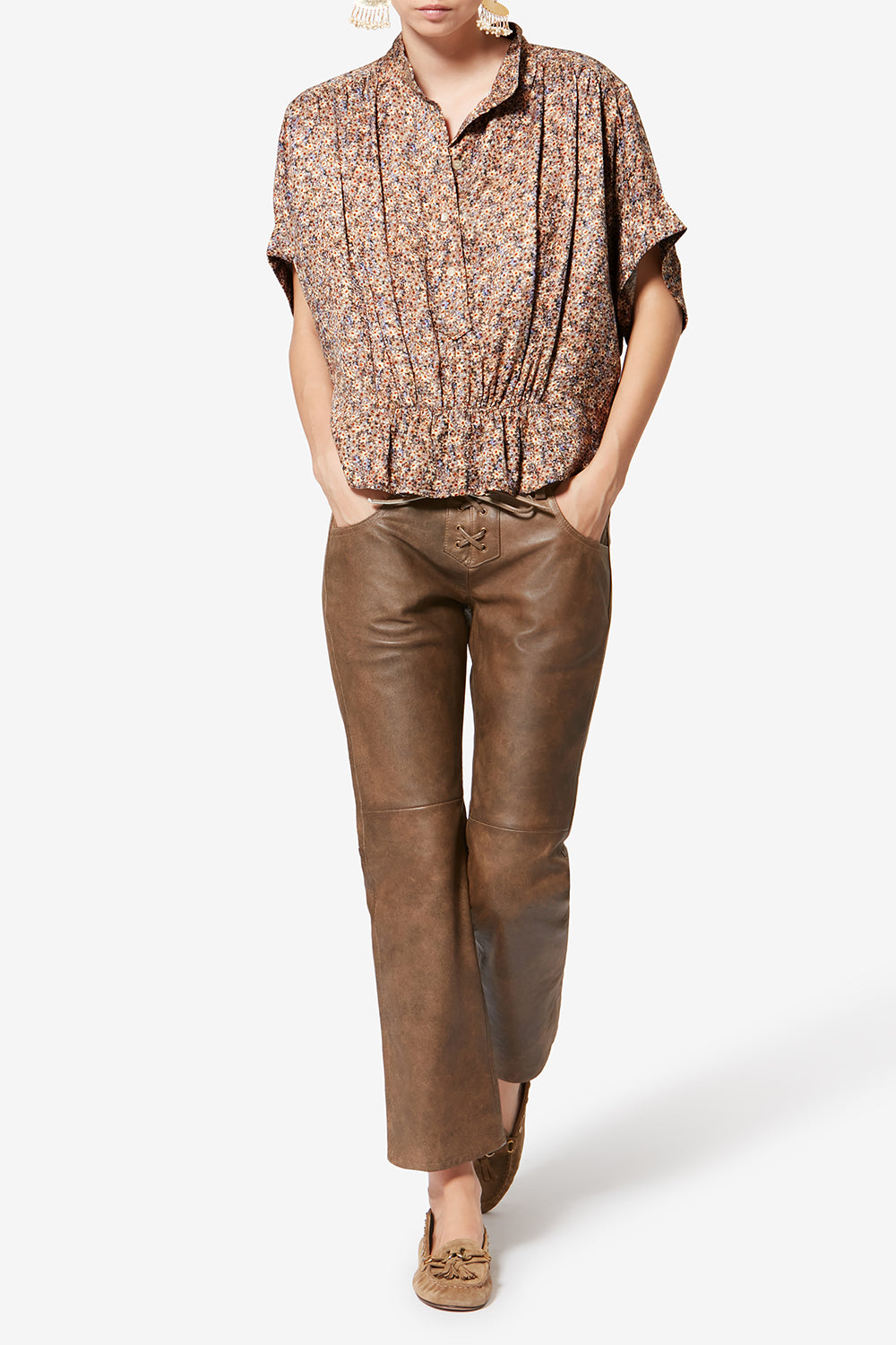 Azalea floral silk jacquard top - Ochre - Woman - 2