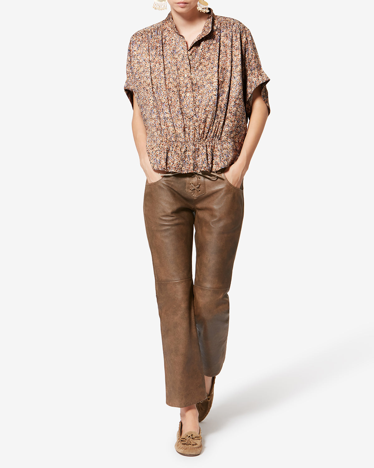 Top in jacquard di seta floreale azalea - Ochre - Woman - 1
