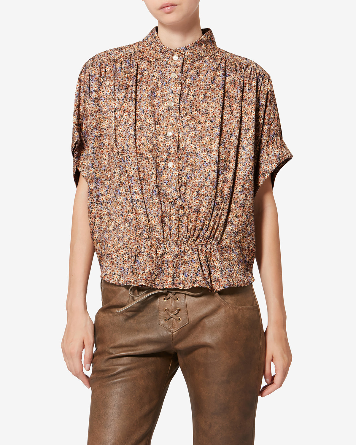 Top in jacquard di seta floreale azalea - Ochre - Woman - 3