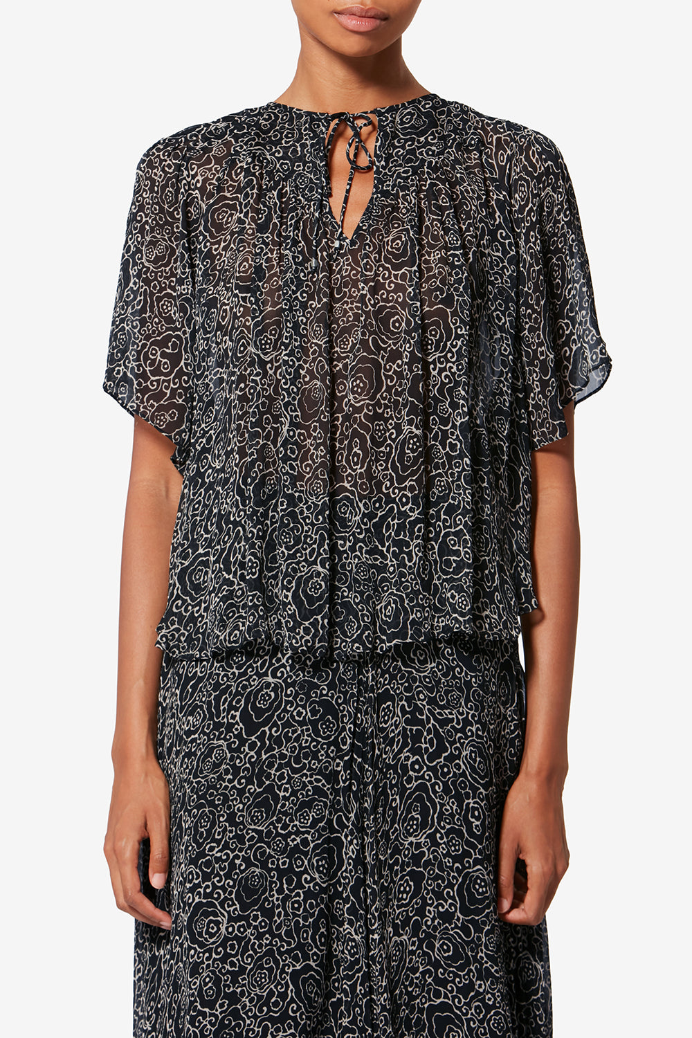 Neslya short-sleeve printed muslin blouse - Black and ecru - Woman - 4