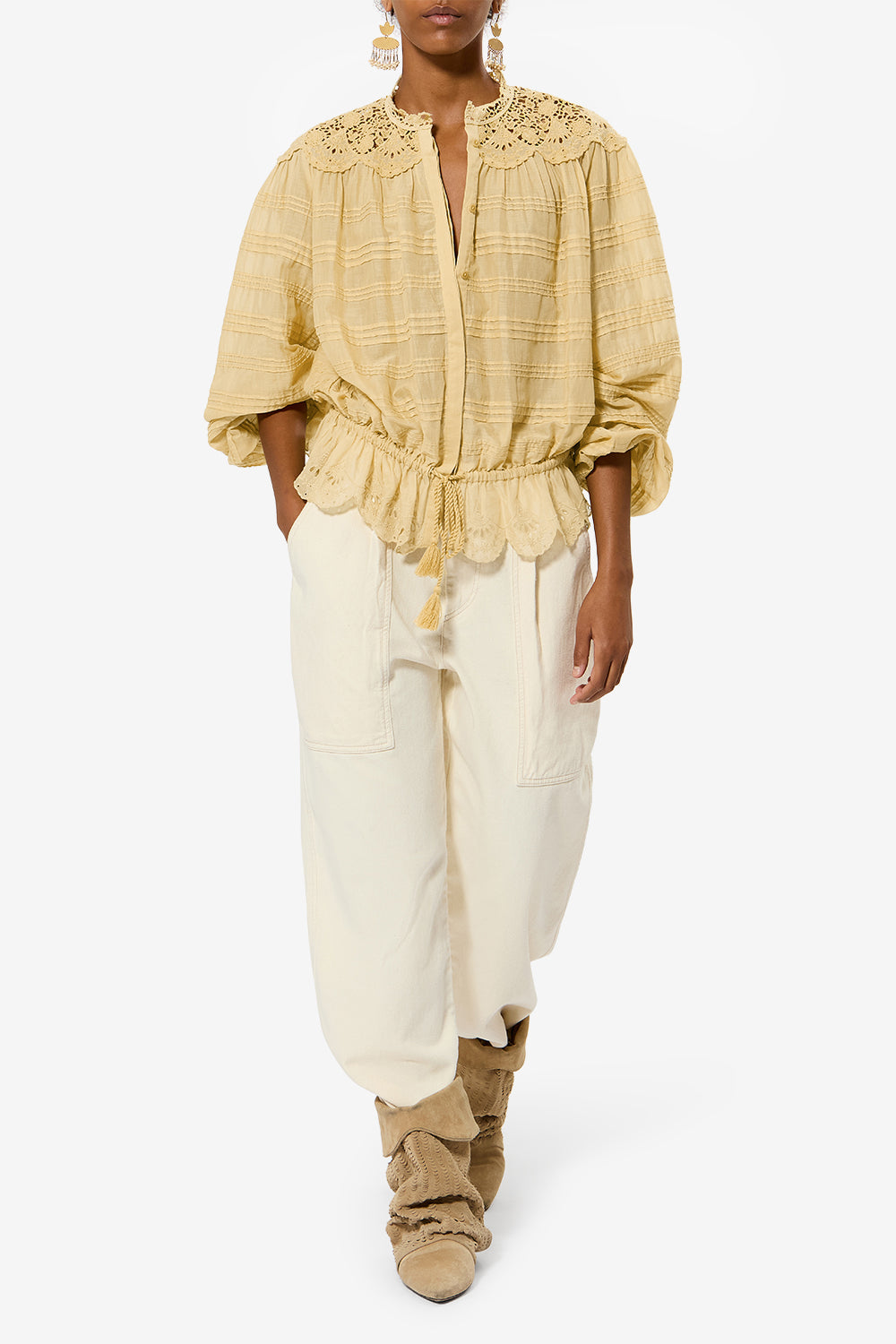 Blusa polly in cotone e pizzo a fiori - Light ochre - Woman - 2