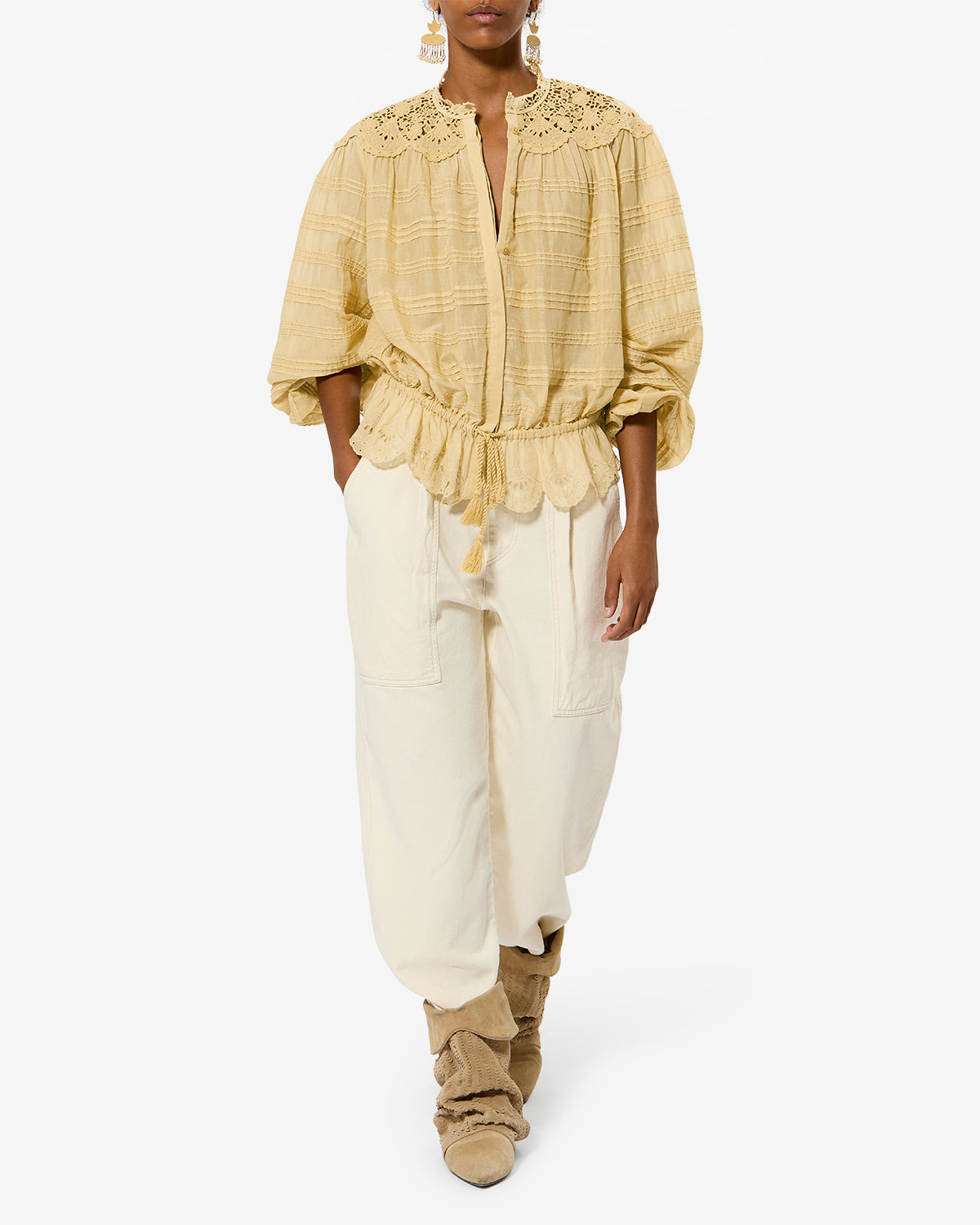 Blusa polly in cotone e pizzo a fiori - Light ochre - Woman - 1