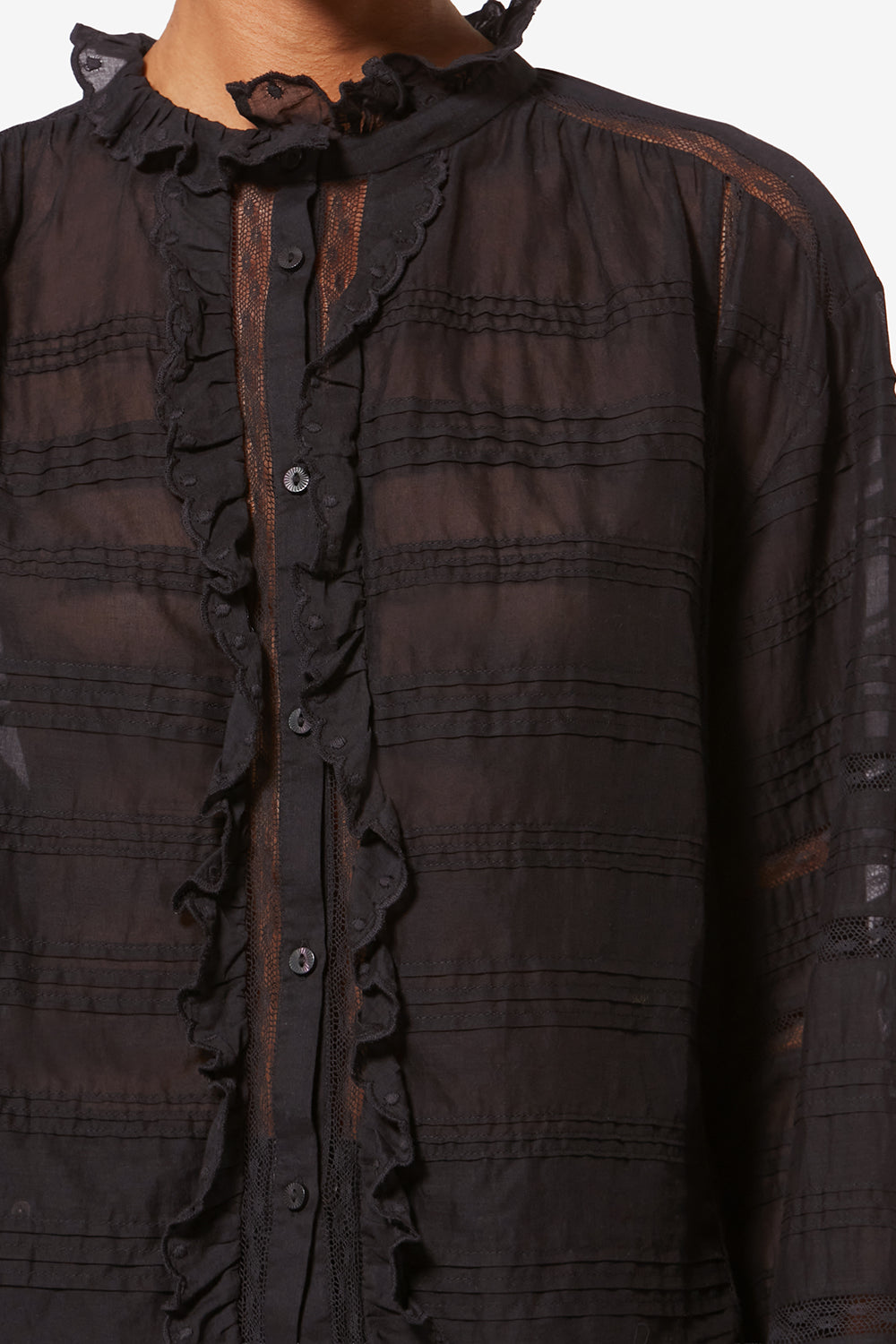 Blouse peline en coton et dentelle fleurie - Noir - Woman - 3