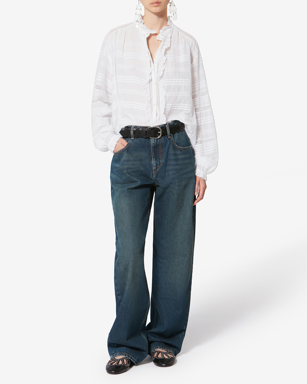 Blusa peline in cotone e pizzo a fiori - Bianco - Woman - 1