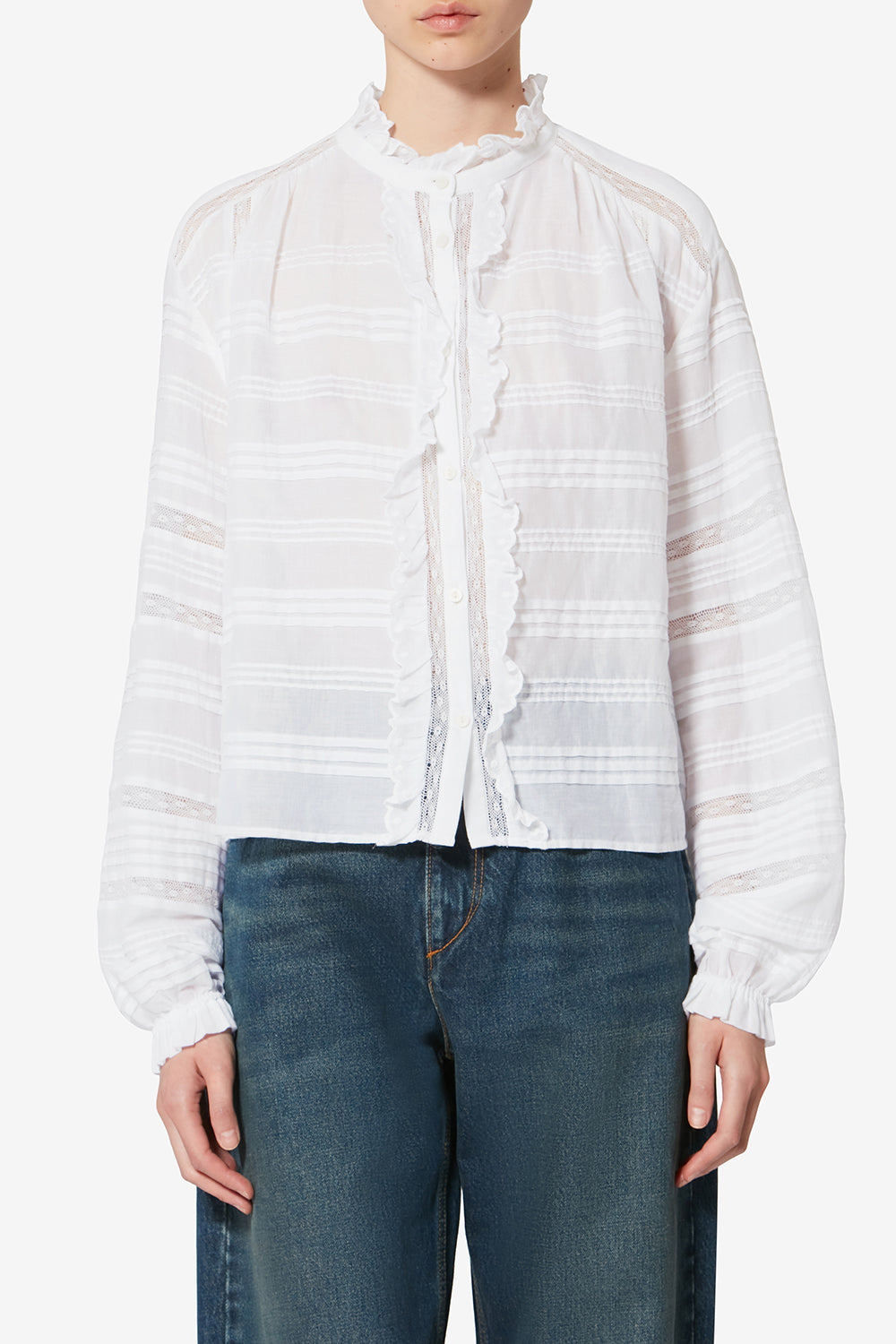 Blusa peline in cotone e pizzo a fiori - Bianco - Woman - 4