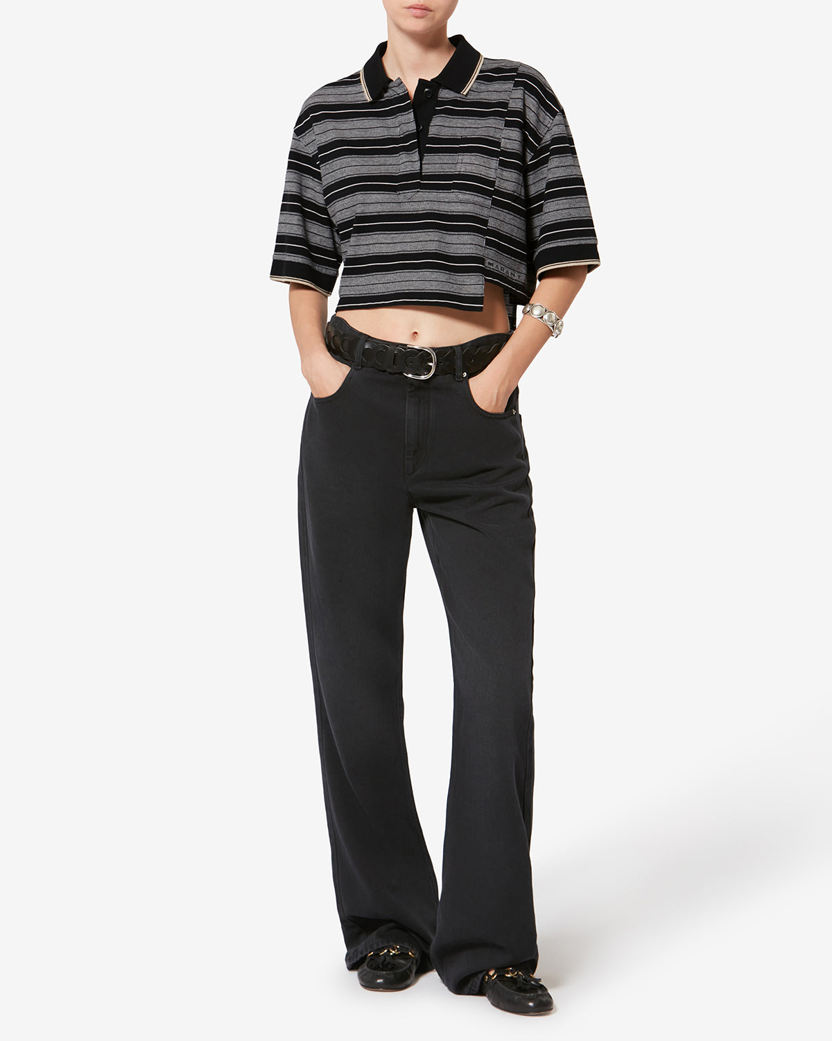 Isalyne striped cotton piqué polo shirt - Black and ecru - Woman - 1