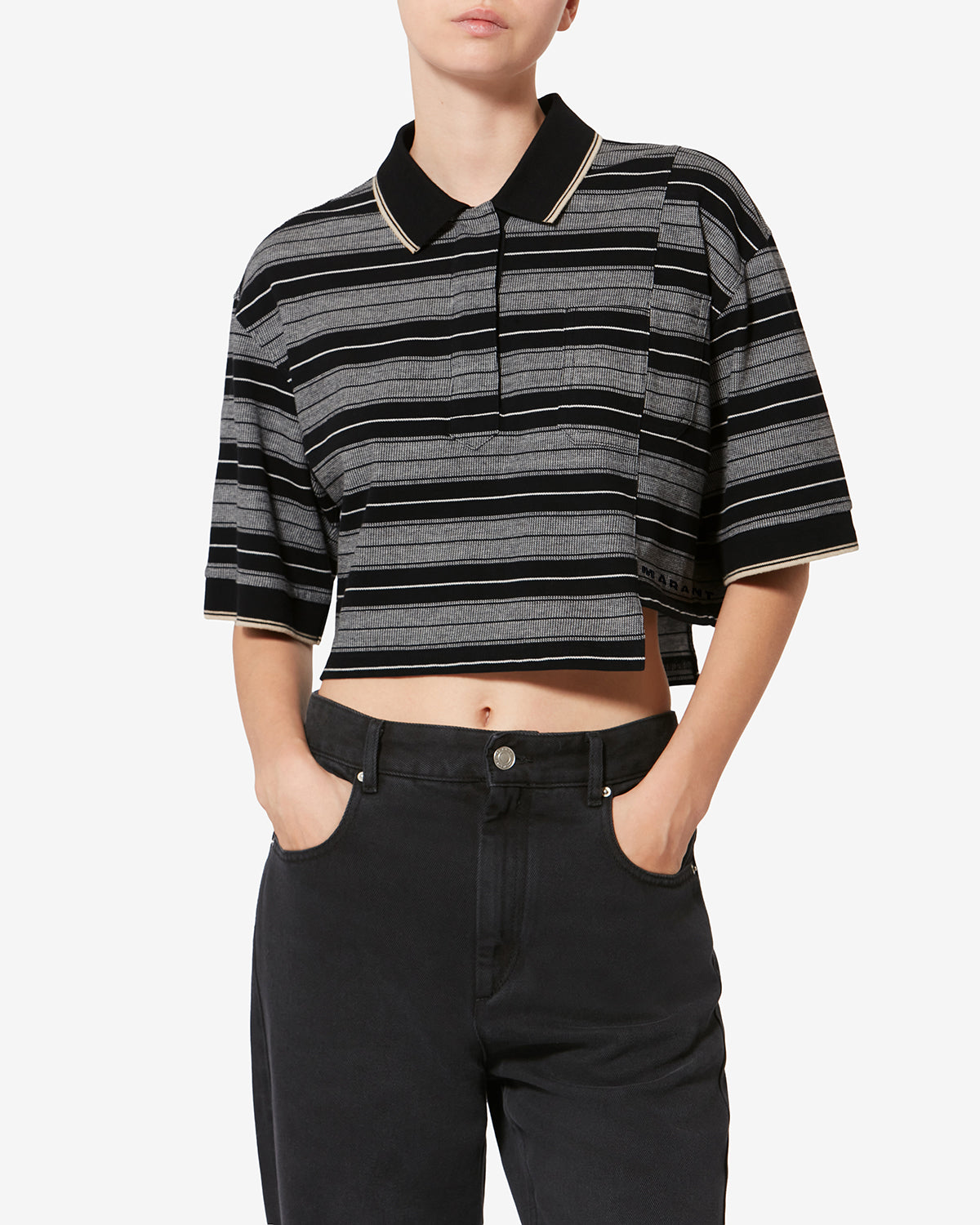 Isalyne striped cotton piqué polo shirt - Black and ecru - Woman - 3