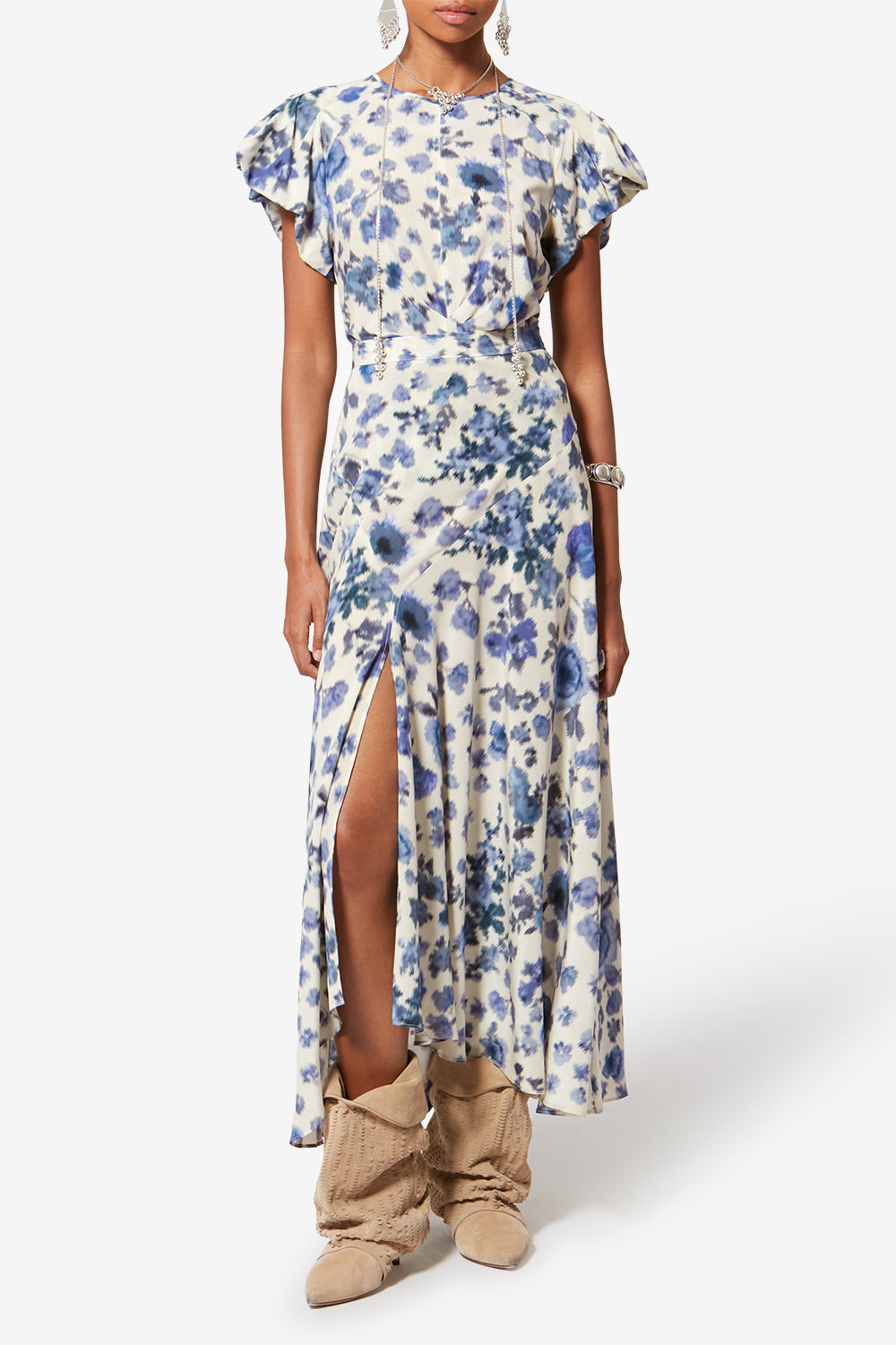 Gonna lunga sakura in seta stretch con stampa - Blu - Woman - 2