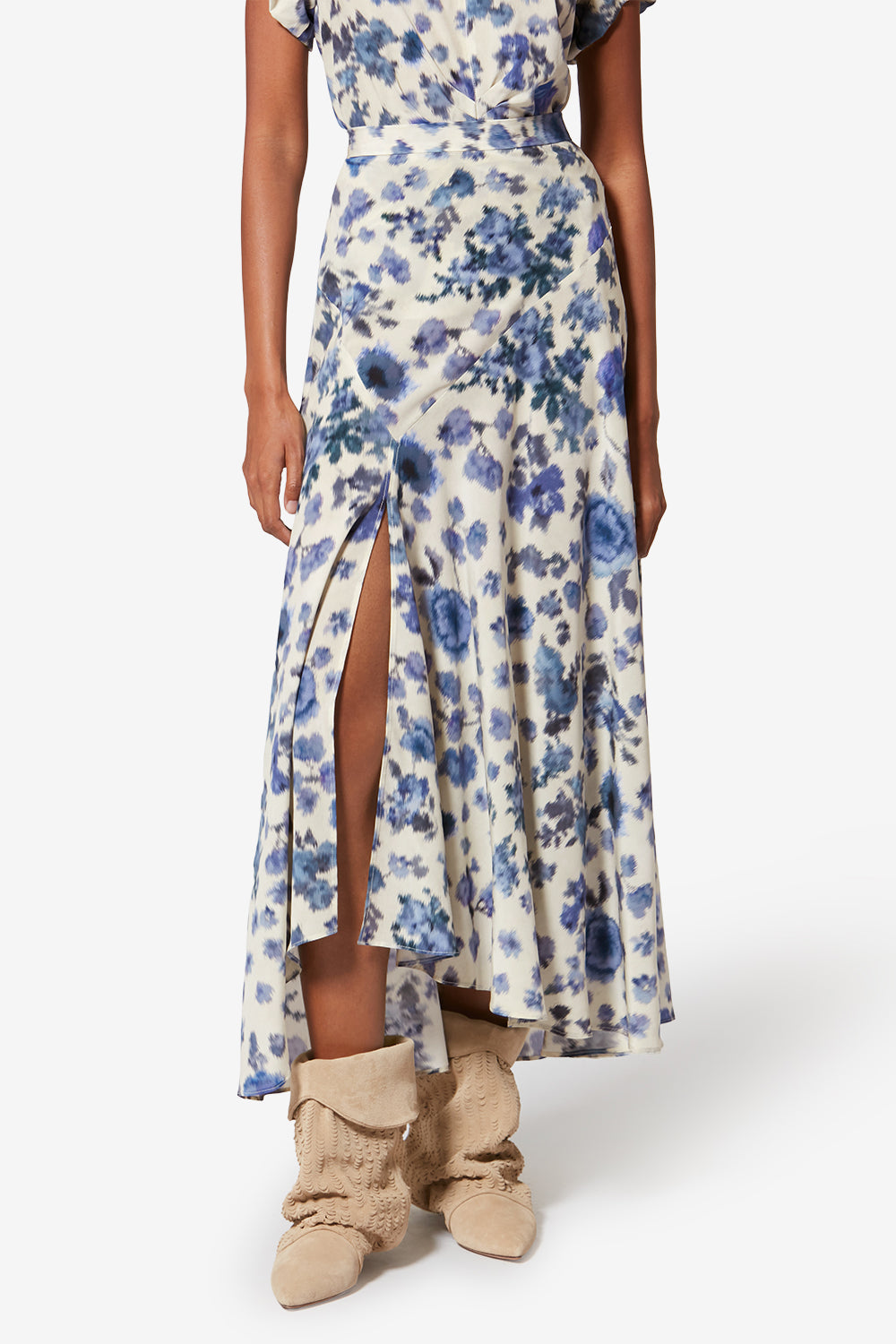 Gonna lunga sakura in seta stretch con stampa - Blu - Woman - 4