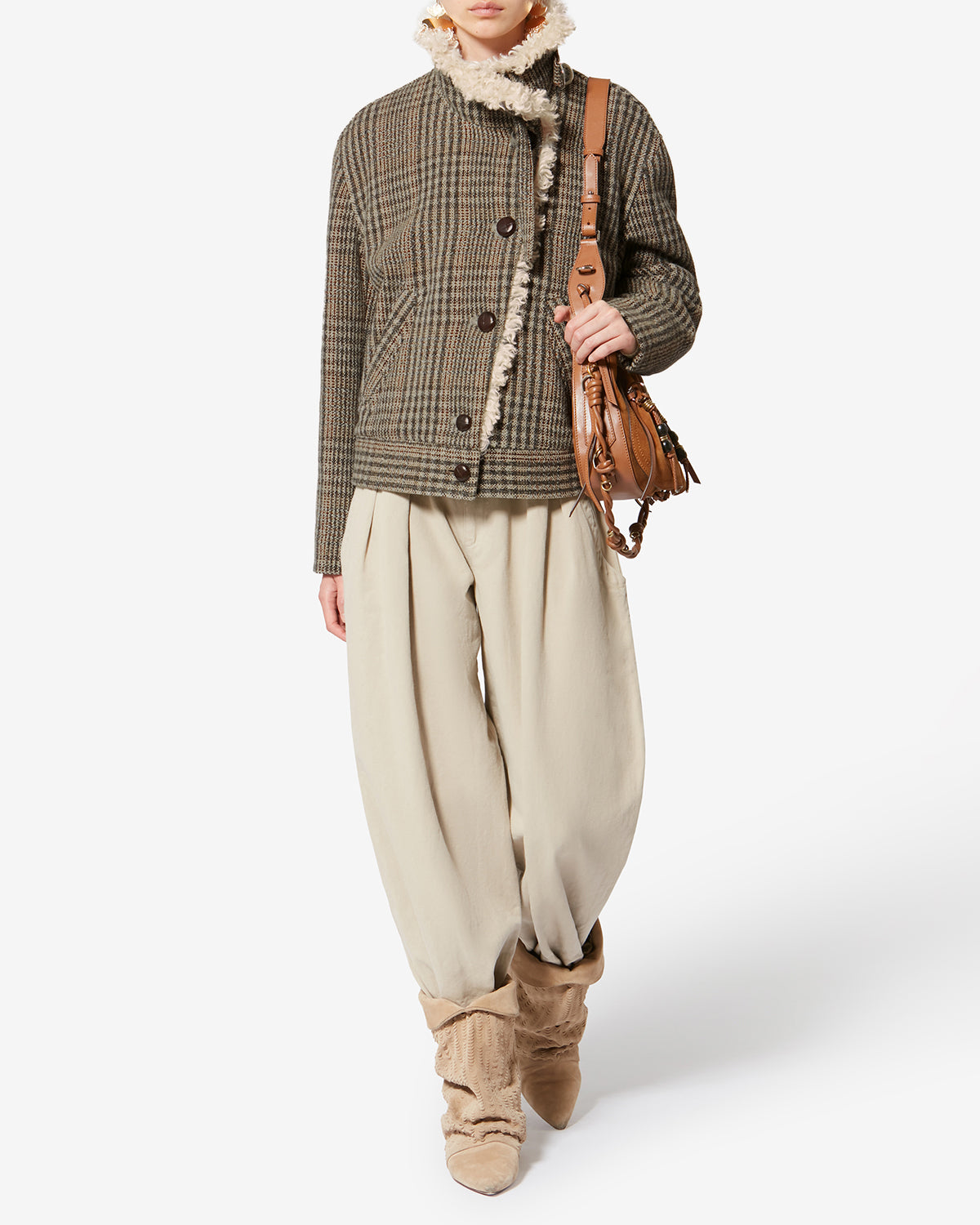 Manteau court fadia en laine vierge prince-de-galles - Beige - Woman - 1