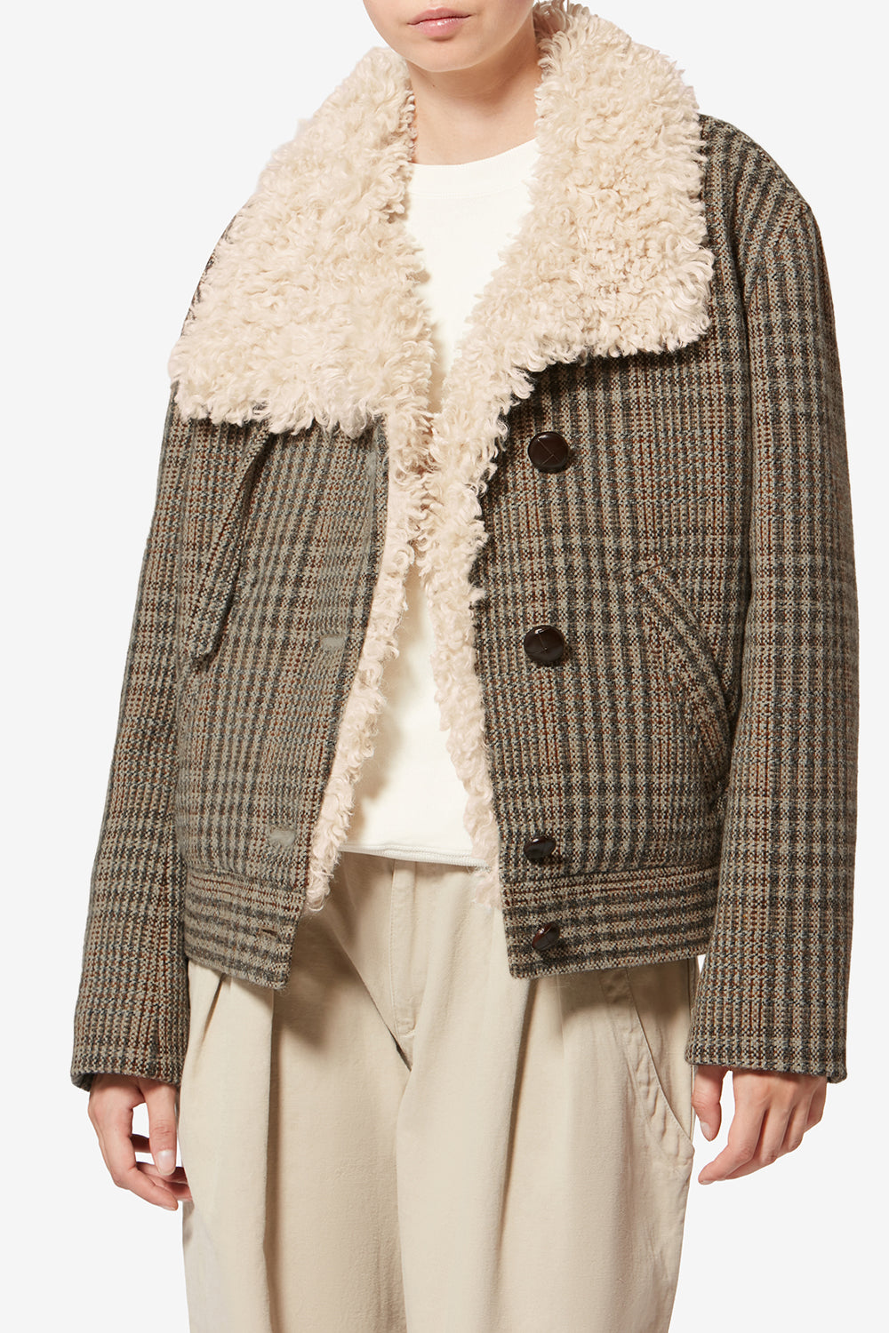 Fadia short prince-of-wales check virgin wool coat - Beige - Woman - 4