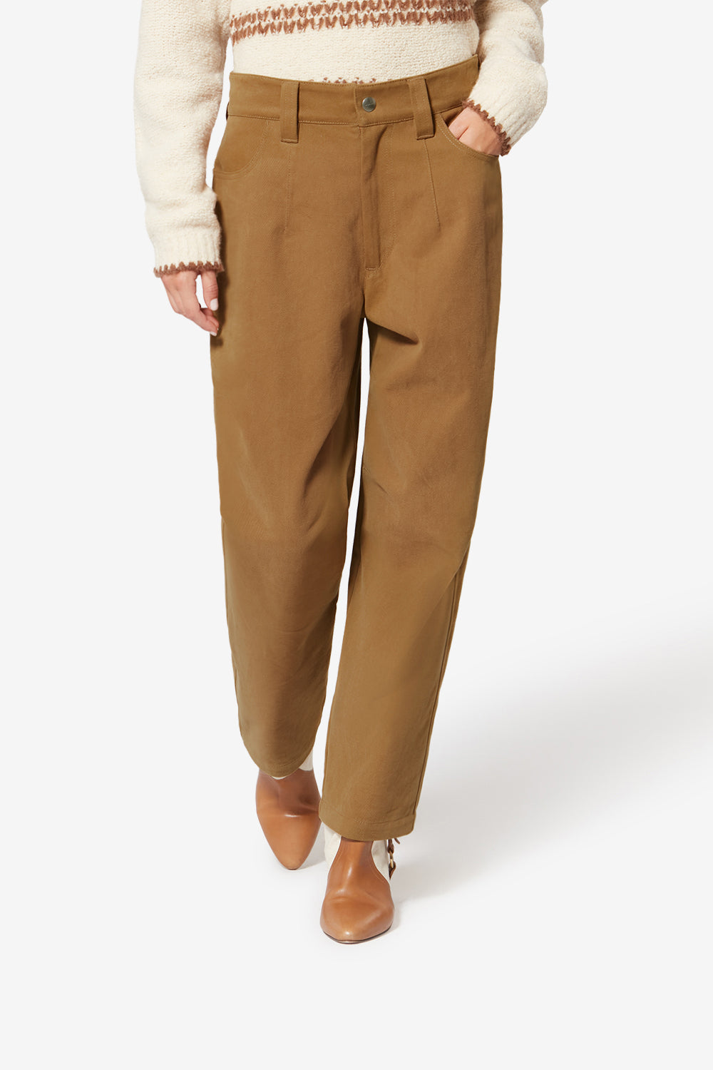 Pantaloni ampi opalyna in tela di cotone con armatura diagonale - Camel - Woman - 4