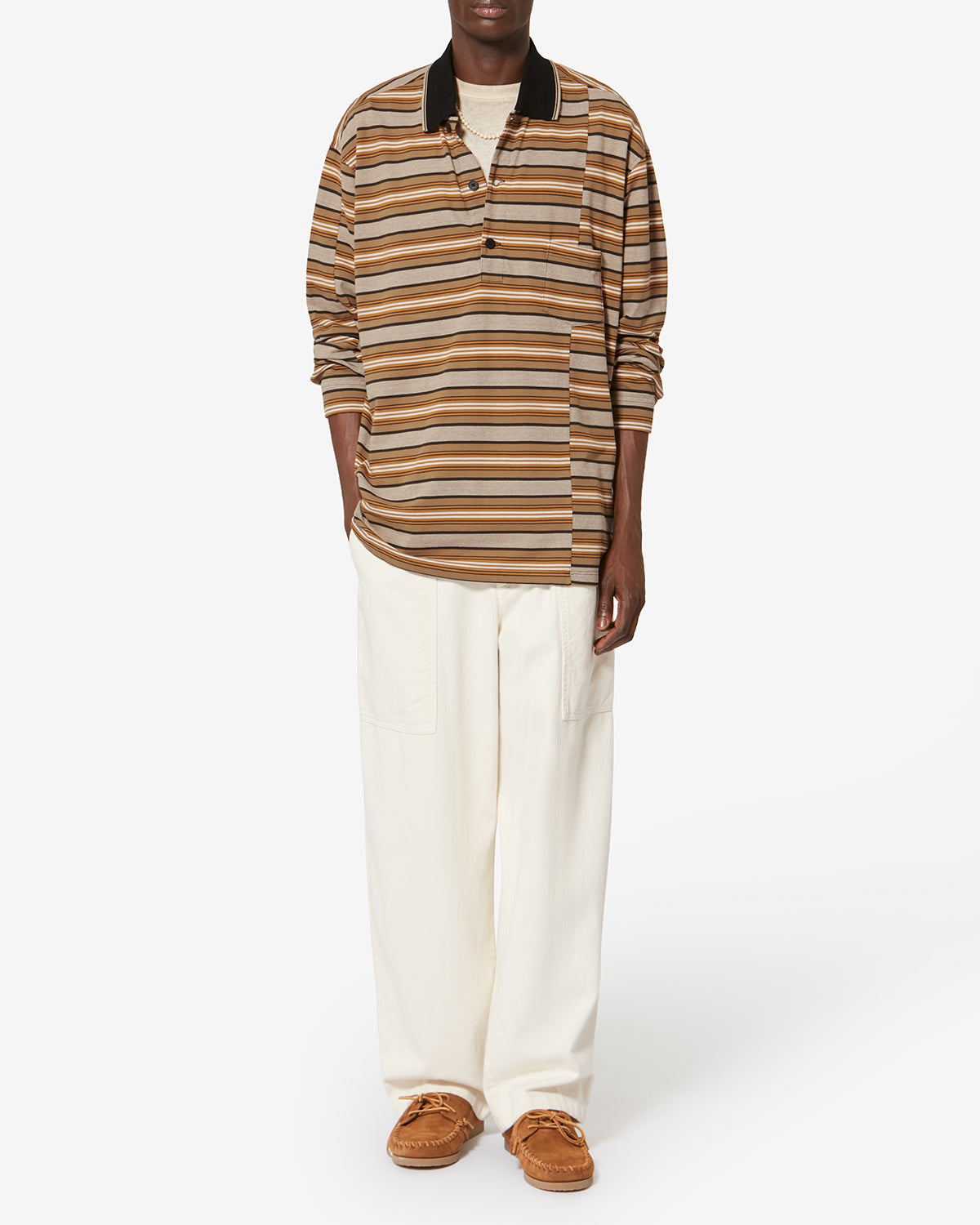 Polo a maniche lunghe sorel in piqué di cotone a righe - Beige-khaki - Man - 1