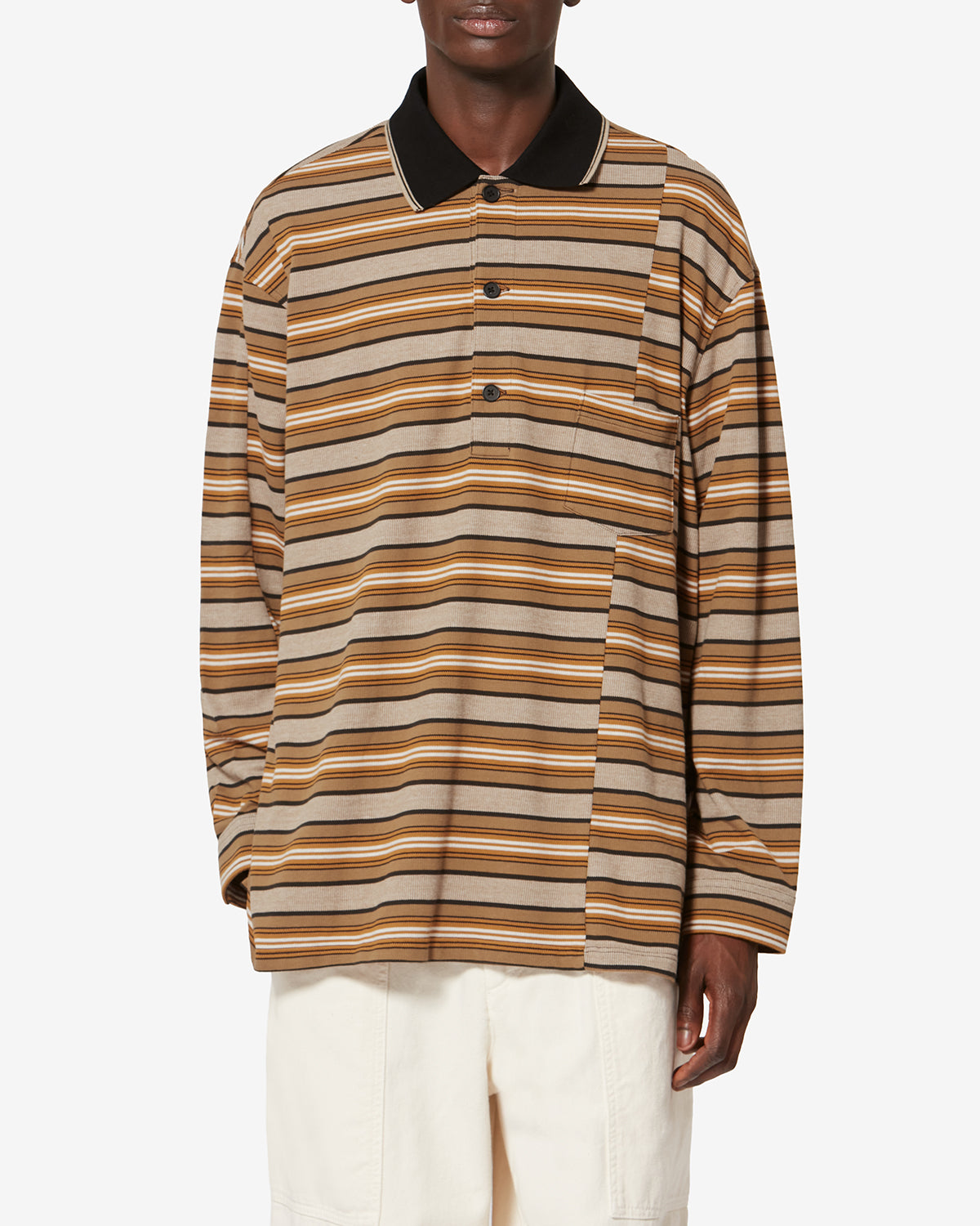 Polo a maniche lunghe sorel in piqué di cotone a righe - Beige-khaki - Man - 3