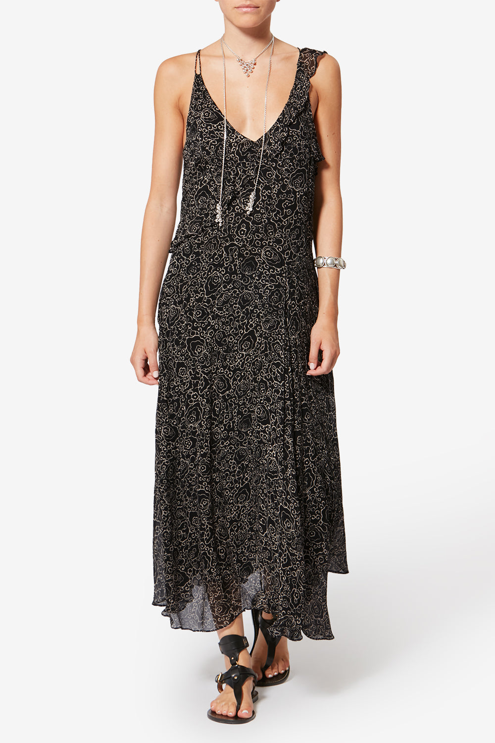 Robe longue a fines bretelles luxie en mousseline imprimée - Noir et écru - Woman - 2