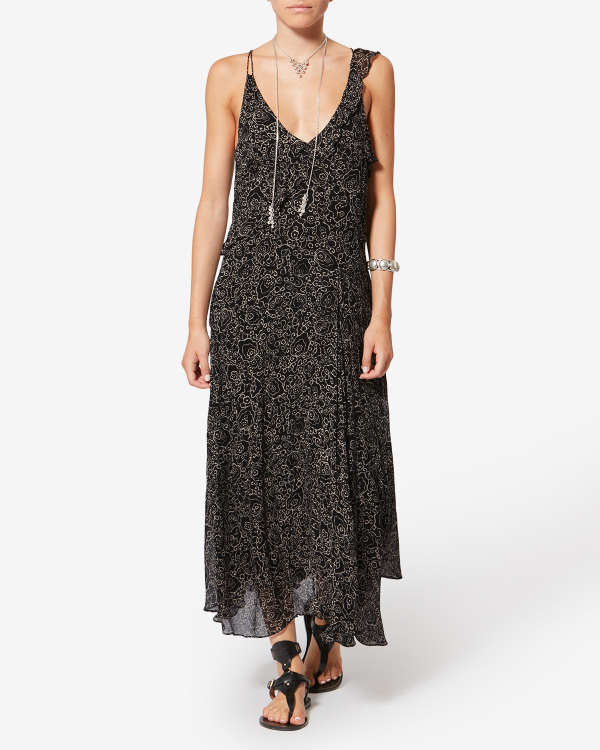 Abito lungo con spalline sottili luxie in mussola con stampa - Black and ecru - Woman - 1